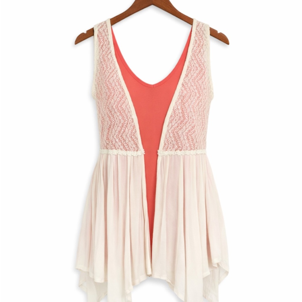 Pinkish Orange Top w Cream Lace Vest Top Size S